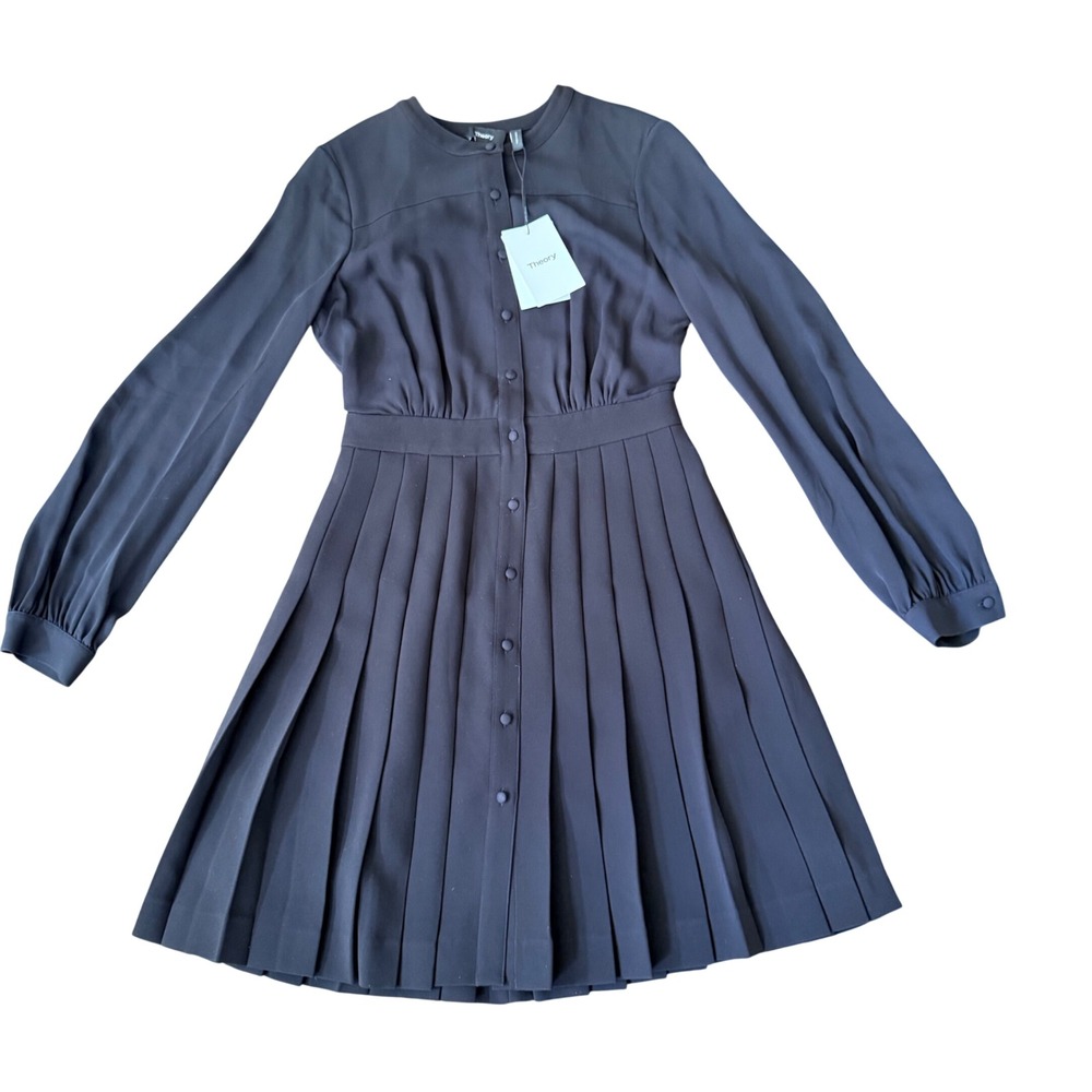 Theory Pleated BD Dress Black Classic Crepe Long Sleeve Midi K0809607 Womens 2